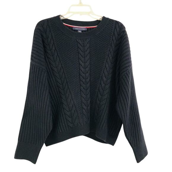 NWT Tommy Hilfiger fisherman cable knit ribbed drop shoulder sweater navy sz L - Picture 1 of 7